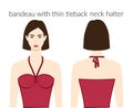 Bandeau with thin tieback neckline halter clothes character beautiful lady in burgundy top, dress technical fashion