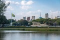 Bandeiras Monument, Ibirapuera Park and city skyline with brazilian flag - Sao Paulo, Brazil Royalty Free Stock Photo