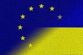 European Union EU and Ukraine. European Union flag and Ukraine flag. Concept of aid, association of countries, political