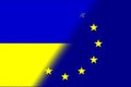 European Union EU and Ukraine. European Union flag and Ukraine flag. Concept of aid, association of countries, political