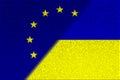 European Union EU and Ukraine. European Union flag and Ukraine flag. Concept of aid, association of countries, political