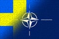 NATO-OTAN. Sweden. NATO flag. Swedish flag. Flag with the NATO logo. Concept of annexation of Sweden with NATO-OTAN. Foreground. Royalty Free Stock Photo
