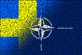 NATO-OTAN. Sweden. NATO flag. Swedish flag. Flag with the NATO logo. Concept of annexation of Sweden with NATO-OTAN. Foreground. Royalty Free Stock Photo
