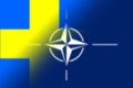 NATO-OTAN. Sweden. NATO flag. Swedish flag. Flag with the NATO logo. Concept of annexation of Sweden with NATO-OTAN. Foreground. Royalty Free Stock Photo