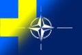 NATO-OTAN. Sweden. NATO flag. Swedish flag. Flag with the NATO logo. Concept of annexation of Sweden with NATO-OTAN. Foreground. Royalty Free Stock Photo