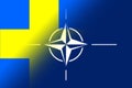 NATO-OTAN. Sweden. NATO flag. Swedish flag. Flag with the NATO logo. Concept of annexation of Sweden with NATO-OTAN. Foreground. Royalty Free Stock Photo