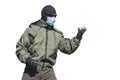 Bandit isolate in medical mask and balaclava on a white background Royalty Free Stock Photo