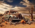 bandoned and rusty car in a desert next to a destroyed bar.