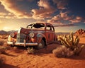 bandoned and rusty car in a desert next to a destroyed bar.