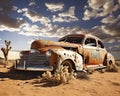 bandoned and rusty car in a desert next to a destroyed bar.