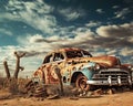 bandoned and rusty car in a desert next to a destroyed bar.