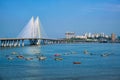 Bandra - Worli Sea Link bridge with fishing boats view from Bandra fort. Mumbai, India