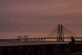 Bandra worli sea link during sunset with amazing shades. Soothing colour of sunset at Mumbai. Room for text. Copy space Royalty Free Stock Photo