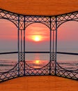 Bandstand viewing platform pergola windows view sunset ocean sea seaside coast low tide Royalty Free Stock Photo