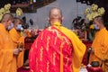 The chief monks lead the praying procession same as the Chinese tradition in the temple