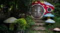 Bandung, Indonesia - July 9, 2022: Miniature hobbit home from the lord of the ring movie and some mushroom stone with circle