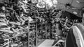 Stack of shoes and bag irregularly in a shop on Sarijadi street, Bandung. Royalty Free Stock Photo