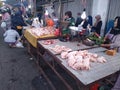 Bandung July 1, 2022. Kosambi Traditional Market, Bandung, West Java, Indonesia. Chicken meat seller ready for transaction