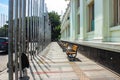 Rows of Benches on the Sidewalk Asia Africa. Previously, Jalan Asia-Afrika had the name Groote Postweg or Great Post Road