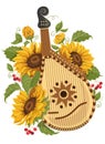 Bandura drawing. Musical instrument vector. Ukrainian folklore. Bandura and sunflowers vector.