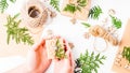 Baner.Poster.The girl's hands make a composition of New Year's gifts.New Year's gifts. Christmas home