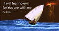 Baner ship in the stormy sea. Realistic boat wave sail lightning. Christian text from the Bible. Vector graphics for the church.