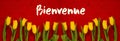 Baner Of Yellow Tulip Flowers, Red Background, Bienvenue Means Welcome