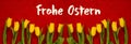 Banner Of Yellow Tulip Flowers, Red Background, Frohe Ostern Means Happy Easter