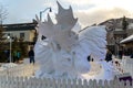 Banff, Alberta Canada - Jan. 19, 2019: Beautiful snow sculpture of two moose butting heads, at the Banff Snow Days International