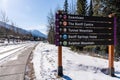 Town of Banff street signpost. Banff National Park winter time. Canadian Rockies.