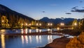 Banff Avenue Bridge over the bow river light up at summer night. Banff National Park. Royalty Free Stock Photo