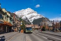 Banff Avenue bus stop, street view of Town of Banff. Banff National Park, Canadian Rockies. Royalty Free Stock Photo