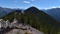 Banff Gondola mountain station in national park in the Canadian Rocky Mountains viewed from the top of Sulphur Mountain. Royalty Free Stock Photo