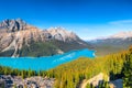 A huge panorama of Lake Peyto. Landscape during daylight hours. A lake in a river valley. Mountains and forest. Natural landscape Royalty Free Stock Photo