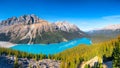 Banff National Park, Alberta, Canada. A huge panorama of Lake Peyto. Landscape during daylight hours. A lake in a river valley. Royalty Free Stock Photo