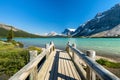 Banff National Park beautiful landscape. Bow Lake lakeshore trail and wooden bridge. Alberta, Canada.
