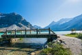 Banff National Park beautiful landscape. Bow Lake lakeshore trail and wooden bridge. Alberta, Canada.