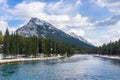 Banff National Park beautiful landscape. Mount Rundle, Bow River and snowy forest in winter. Royalty Free Stock Photo