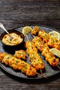 Bang Bang Chicken Skewers on plate, top view Royalty Free Stock Photo