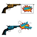 Bang bang. Toy revolver with flag. Pop art style revolver. Royalty Free Stock Photo