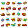Bang, ouch shouts and yeah shouting text bubble with halftone pattern shadow. Pop art retro style shout speech bubbles