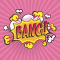 Bang pop art vector cartoon illustration poster. Wording comic speech bubble in pop art style on burst and vintage Royalty Free Stock Photo