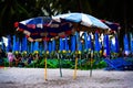 BANG SAN, THAILAND - May 9, 2017: Beach umbrellas are prepared for holiday travelers.