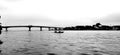 Bang Tabun Road Bridge with Long Tail Boat in Black and White Royalty Free Stock Photo