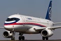 Bangalore, India - 02 11 2011: Flying display of a Sukhoi Superjet 100 at the Aeroindia Airshow Royalty Free Stock Photo