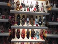 Bangalore, India: Traditional shoes footwears or Juttis of various designs on display made from leather and