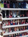 Bangalore, India: Traditional shoes footwears or Juttis of various designs on display made from leather and