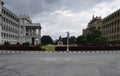 Bangalore, India: Wide angle view of Statue of Mahatma Gandhi against road, a freedom fighter known for peace