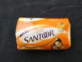 Closeup Pack Closed and Opened Santoor Sandal and Turmeric Soap isolated on black background Royalty Free Stock Photo