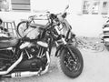 Closeup of Two Wheeler Black Color Harley Davidson parking in a parking lot or in a field Royalty Free Stock Photo